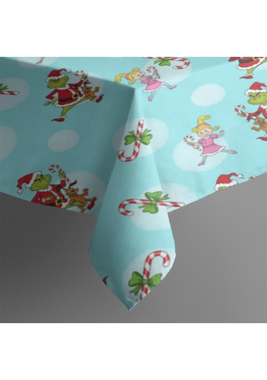 Noel Desenli Dikdörtgen Masa Örtüsü 60x84 İnç, Su Geçirmez Ve Leke Tutmaz Noel Grinch Şeker