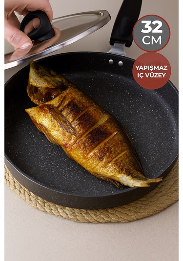 Granit Balık Tavası, Yanmaz Yapışmaz Börek Tavası 32 Cm Siyah