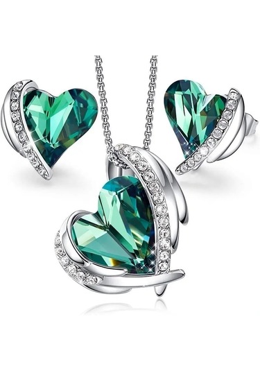 Trend Renkli Taşlı, Zirkon Taş İşlemeli Kalp Takı Seti Kolye Küpe , Yeni Yıl, Yeşil