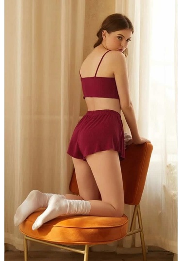 Kadın Bordo Şortlu Kaşkorse Gecelik Takım Bordo