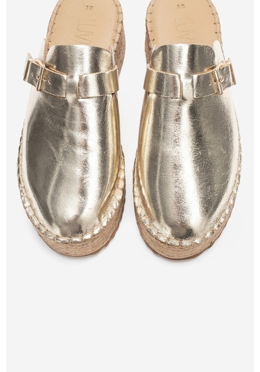 Luvishoes Novas Altın Hakiki Deri Burnu Kapalı Hasır Dolgu Taban Terlik Altın