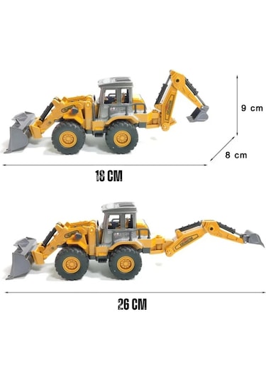 Diecast Oyuncak Metal İnşaat Araçları,iş Makineleri Seti Kepçe Bulldozer Forklift 4'lü Set Kutulu Sarı