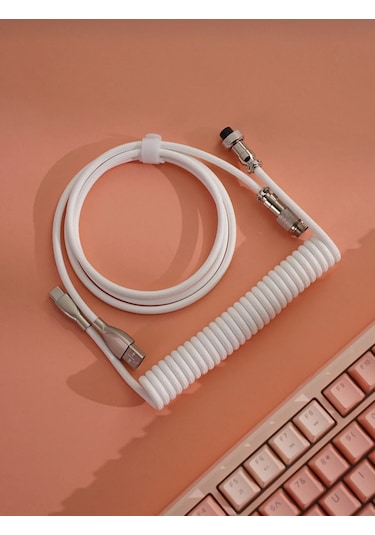 Mekanik Klavyeler İle Uyumlu Coiled Cable- Örgülü Sarmal Type-c Klavye Kablosu Beyaz