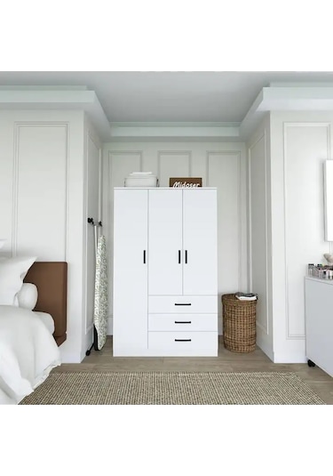 Easy Mat Beyaz 3 Kapılı 3 Çekmeceli Çok Amaçlı Elbise Dolabı Beyaz