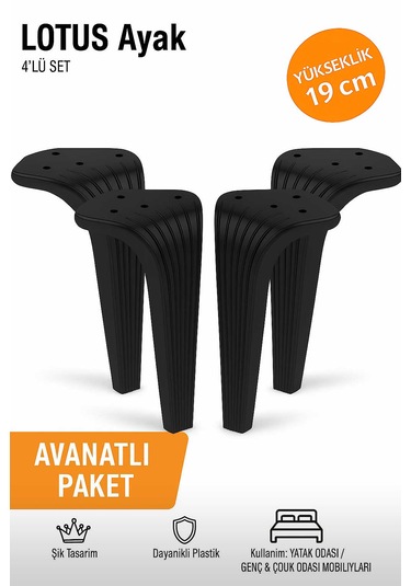 Lotus 19 Cm Siyah 4 Adet Koltuk Yatak Odası Tv Ünitesi Konsol Ve Sehpa Ofis Mobilyası Ayağı Yatak