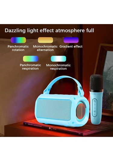 Samdoo Mavi Ev Ktv Müzik Sistemi: Bluetooth 5.0 Hoparlör + 2 Mikrofon, 7 Renkli Işık, 20m Kapsama, 5w Güç, 1200mah Pil