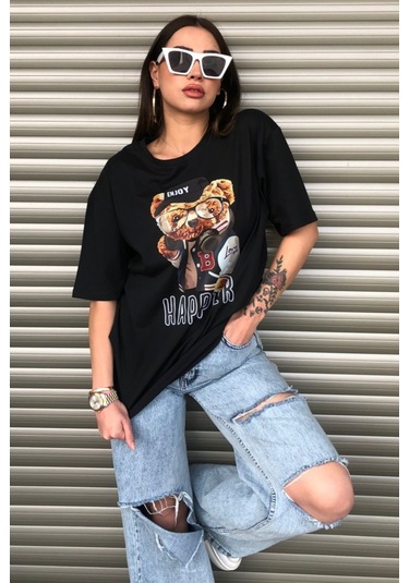 Modagen Kadın Happier Oversize Baskılı Siyah T-shirt Hp Siyah