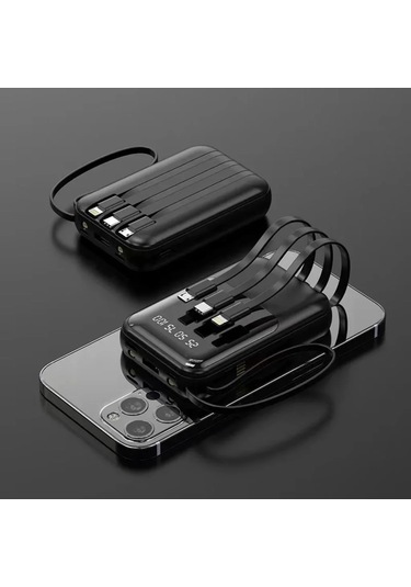 Enerx Enr-p10dc Powerbank 10.000 Mah 2a Dijital Ekranlı Fenerli Dahili Kablolu Usb+type-c+micro+ipho Siyah