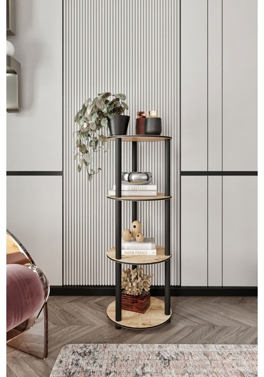 4 Katlı Dekoratif Yuvarlak Kitaplık Meşe Meşe