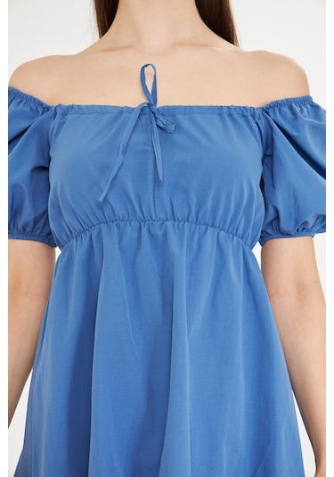 Kutaf Beli Lastikli Buzgulu Poplin Elbise Orta Mavi