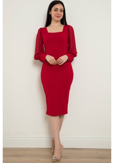 Kalopya Kolları Şifon Elbise 13389- Kırmızı