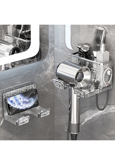 Fosenze Banyo Duş Makinesi Tutucu, Plastik Duvarlı Depolama Rak, Delme Yok, Çok Fonksiyonlu Saç Kurutucu Stant Şeffaf Gümüş Diğer