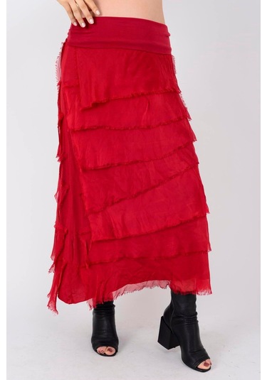 İtalyan 2 Beden Ince Gösteren Kat Kat Ipek Etek & Straplez Elbise Kırmızı