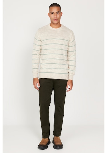 AC&Co / Altınyıldız Classics Erkek Bej Mınt Standart Fit Normal Kesim Bisiklet Yaka Çizgili Triko Bej