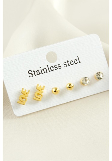 6 Adet Love Yazılı Taşlı Çelik Küpe 0413 Altın