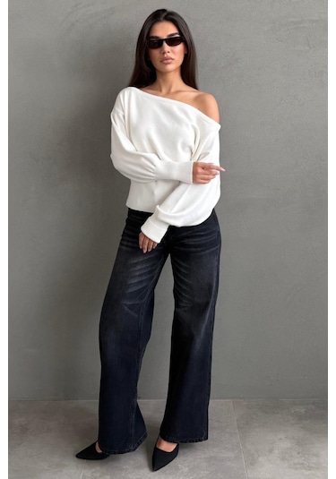 Madmext Ekru Ribbed Asimetrik Kesimli Kadın Kazak Mg2744