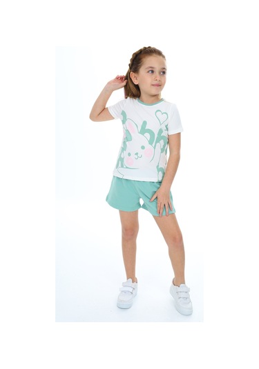 Toontoy Kız Çocuk Garnili Tavşan Baskılı Şortlu Takım Yeşil