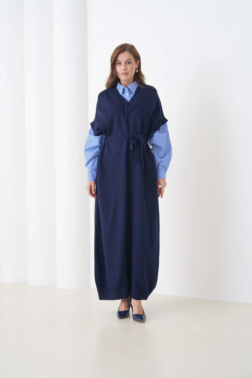 Kadın Uzun Kol Gömlek Yaka İçi Gömlekli Triko Kuşaklı Triko Spor Şık Elbise Lacivert