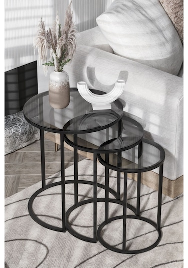 Dekoport Milas C Zigon Sehpa Temperli Füme Cam Siyah