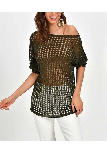 Kadın File Triko Haki Bluz-Haki