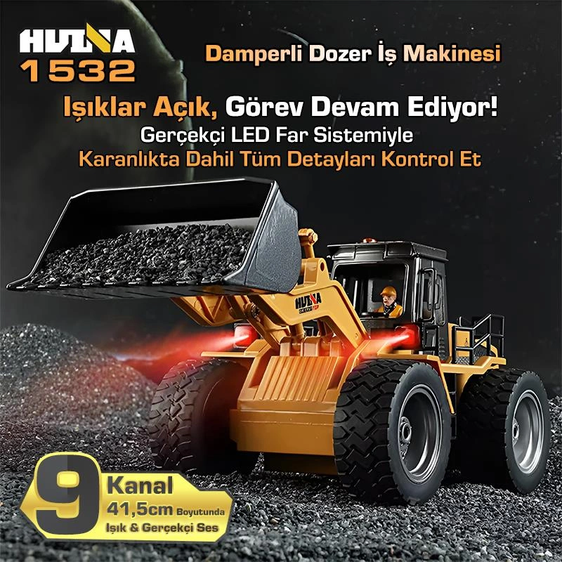 Huına 1532 1/18 9ch Rc Wheel Loader Damper Dozer Kamyon İş Makinesi Kazıcı Uzaktan Kumandalı Rc Model -2.4g Gerçekçi Similasyon Ses Ve Işık Sistemi
