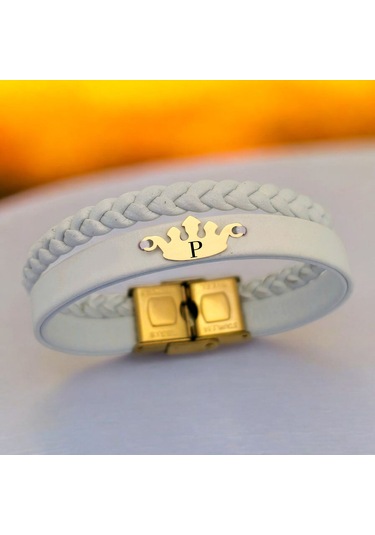 Archin P Harfine Özel Taç Motifli 14 Ayar Altın Plakalı Hakiki Beyaz Derili Hediye Bileklik-645harf P