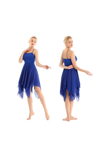 Mavi Bayan Bale Balo Salonu Dans Elbise Spagetti Kayışı Kolsuz Asimetrik Çağdaş Giyim Mavi