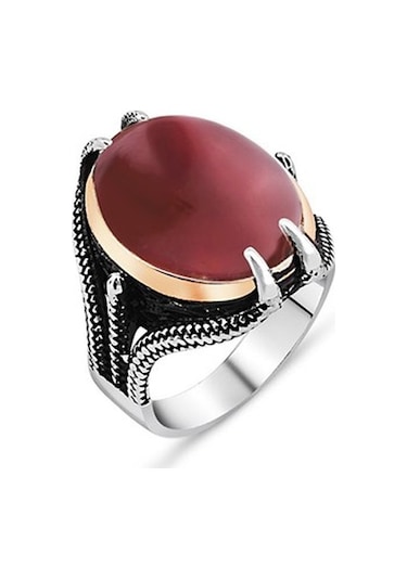 Gümüş Kartal Pençeli Kırmızı Akik Taşlı Erkek Yüzük Beyaz