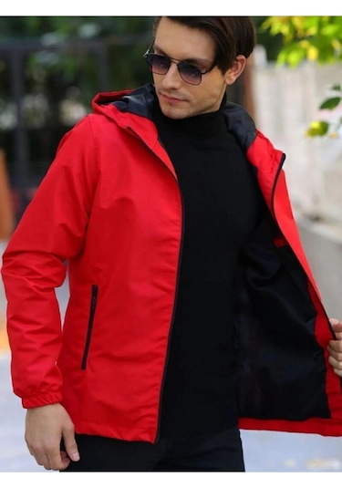 İçi Astarlı Su Ve Rüzgar Geçirmez Erkek Cepli Yağmurluk Kırmızı