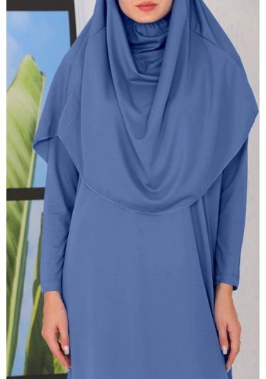 Tek Parça Namaz Elbisesi Indigo Mavi-20993 Gül Kurusu