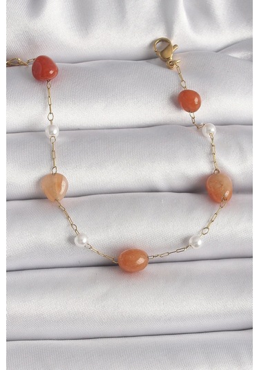 316l Çelik Gold Renk Zincir Turuncu Doğaltaş Model İnci Detay Kadın Bileklik Çok Renkli