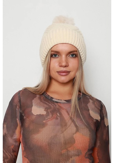 Kalın Ponponlu İçi Yünlü Kadın Bere Rkş-17 Bej Bej