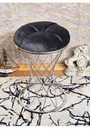 Yuvarlak Krom Kaplama Krem Puf Oturak - Bench - Ayak Ucu Oturak - 001