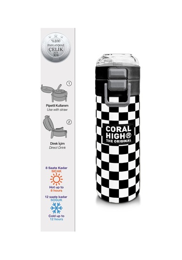 Coral High Kids Siyah Beyaz Dama Desenli Pipetli Ve Direkt İçim Çelik Termos 500 Ml 31877 Siyah - Beyaz