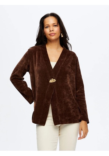 Faik Sönmez Metal Aksesuar Detaylı Şönil Kadın Hırka W26hrk004 Kahve