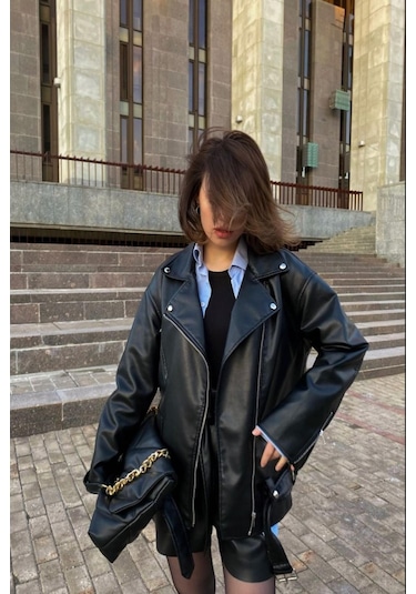 Prifaldi Yeni Sezon Oversize Uzun Kadın Siyah Deri Ceket Siyah