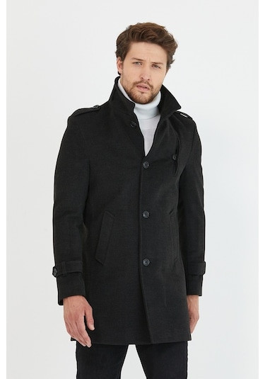 Erkek Antrasit Dar Kesim Dik Yaka Uzun Kaşe Kaban-Antrasit