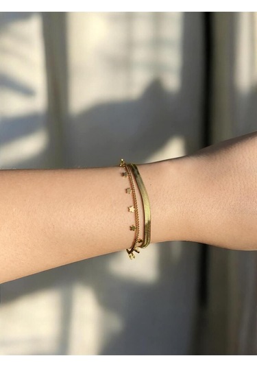 Yıldız Detaylı İtalyan Zincirli Çift Sıra Kadın Bileklik Altın