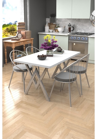 Evdemo Eylül Silver 4 Kişilik Mutfak Masası Takımı Beyaz Gri