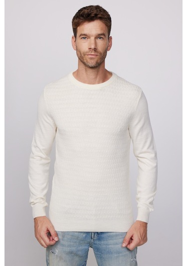 Erkek Slim Fit Bisiklet Yaka Kendinden Desenli Ekru Triko Kazak-28817 Ekru