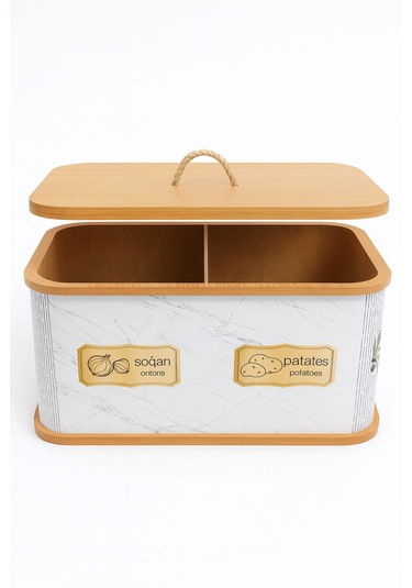 Dekorasyaa 2 Bölmeli Patates Soğanlık - Bambu - Dikdörtgen Beyaz Desen Beyaz