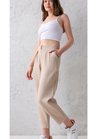 Çift Düğmeli Havuç Model Bilek Boy Kadın Kumaş Pantolon Bej