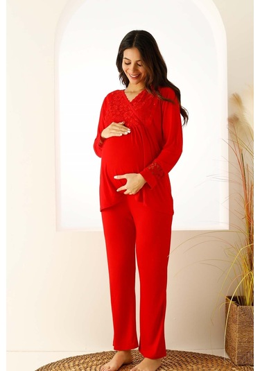 Premium Kutulu Emzirme Bölmeli Dantelli Hamile Lohusa Pijama Takımı Kırmızı
