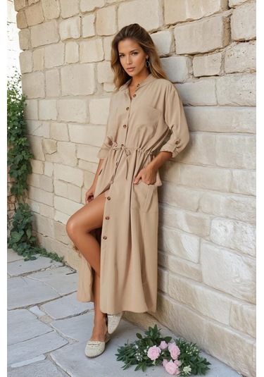 Kadın Yeni Sezon Krep Cepli Uzun Katlanabilir Kollu Büzgülü Elbise Yazlık Günlük Giyçık Bej