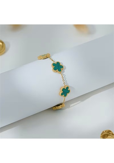 Çelik Bileklik Dört Yapraklı Küçük Yonca Yeşil Çizgili Sedef Taşlı Uzunluk 18 Cm Gold Altın - Gold