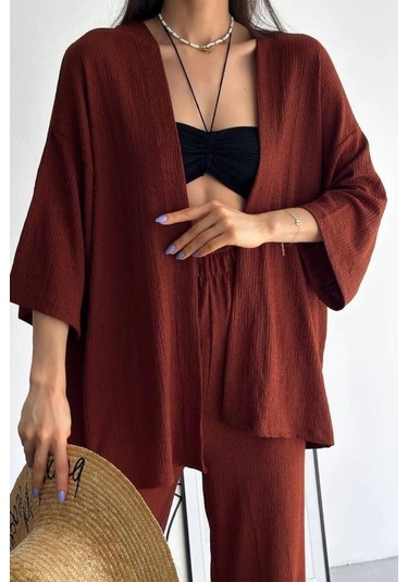 Trend Alisse Bol Paça Palazzo Kadın Alt Üst Takım Kahverengi Acı Kahverengi