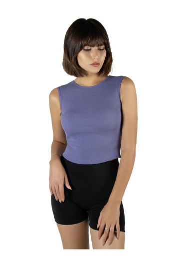 Mor Fitted/vücuda Oturan Crop Halter Yaka Fitilli Esnek Örme Bluz Atlet Mor