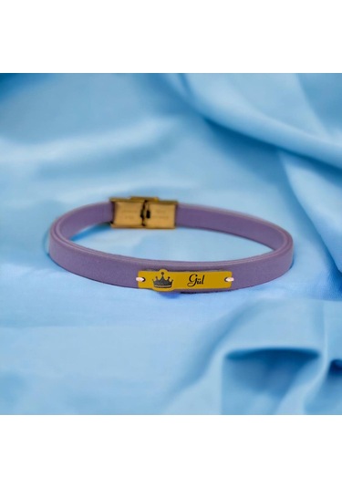 Archin Gül İsmine Özel Hakiki Mor Derili Taç Motifli 14 Ayar Altın Plakalı Hediye Bileklik-571isim Gül