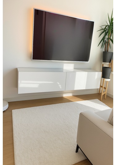 Mac Dizayn Fasalis 140 Cm Beyaz Parlak Tv Ünitesi Modern Minimal Tasarım Parlak Beyaz