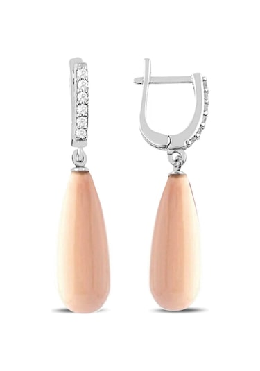 Gümüş Uzun Damla Model Kolye Küpe Pembe Inci Set